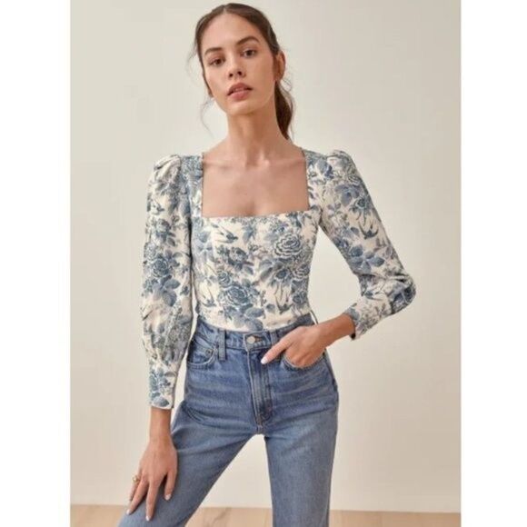 💕REFORMATION💕 Stilton Linen Top  Pompadour Blue White Floral Bird Print 2 NWT - Picture 1 of 13